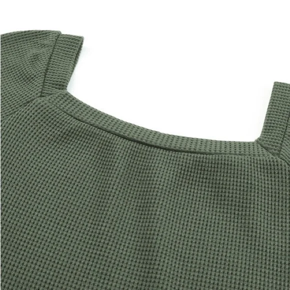 New - Shewin - Green Plain Waffle Knit Bishop Sleeve Square Neck Top - Picture 6 of 10